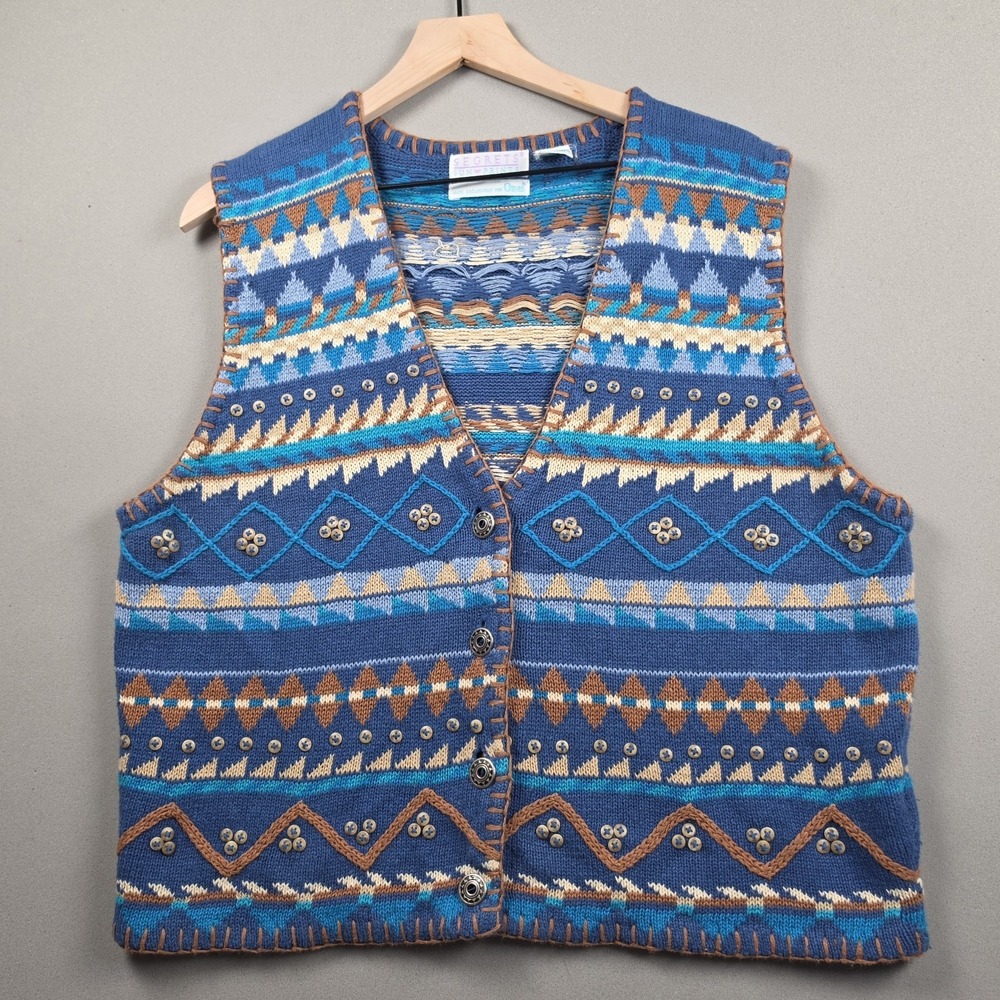 Segrets Sun Prints Orvis Womens Lg Blue Southwestern Fair Isle Knit Sweater Vest